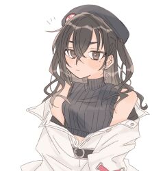 Rule 34 | 1girl, bare shoulders, belt, beret, black hair, black shirt, breasts, brown eyes, closed mouth, coat, crop top, earrings, hamuchosu, hat, highres, idolmaster, idolmaster cinderella girls, jewelry, long hair, looking at viewer, mole, mole under eye, notice lines, off shoulder, shirt, simple background, sleeveless, sleeveless shirt, small breasts, solo, sunazuka akira, two side up, upper body, white background, white coat