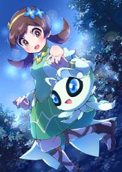 Rule 34 | 1girl, absurdres, bare shoulders, blue eyes, blue flower, blush, brown eyes, brown footwear, brown hair, celebi, commentary request, creatures (company), detached sleeves, dress, eyelashes, flower, from below, game freak, gen 2 pokemon, green dress, hair flower, hair ornament, hairband, highres, leg up, legendary pokemon, looking down, lyra (pokemon), lyra (sygna suit) (pokemon), mythical pokemon, night, nintendo, official alternate costume, open mouth, outdoors, pokemon, pokemon (creature), pokemon masters ex, pon yui, sandals, sky, smile, sparkle, twintails, yellow hairband