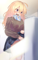 Rule 34 | 1girl, @ @, ahoge, bathroom, blonde hair, blue skirt, blurry, blurry foreground, blush, breasts, brown sweater, buttons, censored, clothes lift, collared shirt, embarrassed, female focus, highres, indoors, japanese text, lifting own clothes, light censor, long hair, long sleeves, looking down, medium breasts, miniskirt, no panties, nose blush, open mouth, original, plaid, plaid skirt, pleated skirt, purple eyes, school uniform, shirt, sidelocks, skirt, skirt lift, solo, standing, sweater, tears, toilet use, translated, urinal, urinal use, v-shaped eyebrows, watakarashi, wavy mouth, white shirt