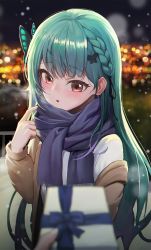 Rule 34 | 1girl, bad id, bad twitter id, black ribbon, blue scarf, blush, braid, brown jacket, butterfly hair ornament, gift, green hair, hair ornament, hair ribbon, hand up, highres, holding, holding gift, hololive, jacket, long hair, looking at viewer, open clothes, open jacket, outdoors, parted lips, pointing, pointing at self, pov, red eyes, ribbon, scarf, shirt, uruha rushia, uruha rushia (school uniform), virtual youtuber, wei hua (vlad 3), white shirt
