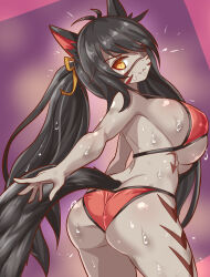 Rule 34 | 1girl, animal ears, ass, bare shoulders, bikini, black hair, breasts, butt crack, cat ears, cat tail, cougar (cougar1404), dark skin, eyepatch, from behind, huge ass, large breasts, long hair, looking at viewer, looking back, original, shiny clothes, shiny skin, sideboob, smile, solo, sweat, swimsuit, tail, twintails, very long hair, wedgie