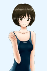 Rule 34 | 1girl, adjusting clothes, adjusting strap, adjusting swimsuit, amagami, black one-piece swimsuit, blue background, blue one-piece swimsuit, bob cut, breasts, brown eyes, brown hair, closed mouth, collarbone, commentary, competition school swimsuit, competition swimsuit, hand up, highres, kitaokasensei, light smile, one-piece swimsuit, school swimsuit, short hair, simple background, small breasts, smile, solo, swimsuit, tachibana miya, two-tone swimsuit, upper body
