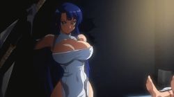 Rule 34 | 2girls, animated, animated gif, ass, axe, battle, blue hair, blush, breasts, brown hair, cleavage, cleavage cutout, clothing cutout, covered erect nipples, evil, fangs, female focus, fighting, jumping, large breasts, long hair, taimanin murasaki, multiple girls, nipples, nude, red eyes, slashing, taimanin (series), violence, weapon, yatsu murasaki