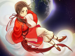 Rule 34 | 1boy, axis powers hetalia, blush, brown eyes, brown hair, china (hetalia), chinese clothes, closed mouth, cloud, earth (planet), hangleing, highres, long hair, long sleeves, looking at viewer, male focus, night, night sky, planet, ponytail, sitting, sky, smile, solo