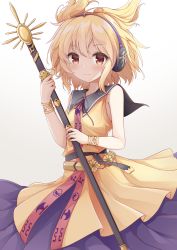 Rule 34 | 1girl, absurdres, bare shoulders, beige dress, blonde hair, blush, bracelet, breasts, closed mouth, cowboy shot, earmuffs, highres, holding, holding sword, holding weapon, jewelry, looking at viewer, pointy hair, purple neckwear, purple ribbon, purple skirt, red eyes, ribbon, short hair, simple background, skirt, small breasts, smile, solo, standing, sword, tilt gyx, touhou, toyosatomimi no miko, weapon, white background