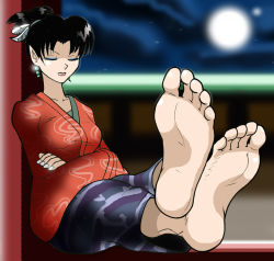 Rule 34 | alternate costume, artist request, barefoot, black hair, crossed arms, earrings, eyelashes, eyeliner, closed eyes, feet, foot focus, full body, full moon, inuyasha, japanese clothes, jewelry, kagura (inuyasha), kimono, makeup, moon, non-web source, pointy ears, sitting, sky, sleeping, soles, solo, star (sky), starry sky, toes, topknot