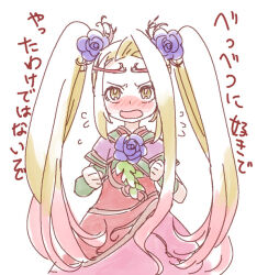 Rule 34 | 1girl, alternate hairstyle, annoyed, blonde hair, blush, clenched hands, dress, flower, green eyes, hair flower, hair ornament, kid icarus, kid icarus uprising, long hair, looking at viewer, nintendo, open mouth, purple flower, red dress, solo, translation request, twintails, v-shaped eyebrows, very long hair, viridi, yukigi
