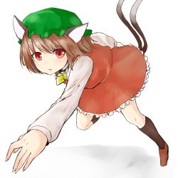 Rule 34 | 1girl, animal ears, bow, brown hair, cat ears, cat tail, chen, dress, earrings, full body, hat, highres, jewelry, long sleeves, looking at viewer, mob cap, multiple tails, nekomata, netamaru, red dress, red eyes, short hair, simple background, solo, tail, touhou, two tails
