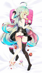 Rule 34 | 1girl, ahoge, ass, bare shoulders, barefoot, bed sheet, black dress, black ribbon, black thighhighs, blue hair, blunt bangs, bon bon, bridal garter, butt crack, cake, candy, candy apple, chocolate, chocolate heart, cream, dakimakura (medium), dress, feet, food, frilled pillow, frills, from above, from behind, fruit, full body, green hair, heart, highres, holding, holding food, kamuy apocalypse, kneepits, licking, lollipop, long hair, looking at viewer, looking back, looking up, multicolored hair, mvv, panties, pillow, pink panties, profile, red eyes, red hair, ribbon, shiny skin, shoulder blades, side-tie panties, single thighhigh, soles, solo, sparkle, star-shaped pupils, star (symbol), strawberry, sweets, symbol-shaped pupils, thighhighs, unworn thighhighs, tongue, tongue out, underwear, untied panties, very long hair, wrist cuffs