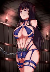 Rule 34 | 1girl, bdsm, bikini, black hair, bondage, bound, breasts, chain, cleavage, dead or alive, female focus, fingerless gloves, garter straps, gloves, highres, large breasts, long hair, mole, mole under mouth, multi-strapped bikini, navel, nyotengu, o-ring, o-ring top, purple eyes, revealing clothes, smile, solo, standing, swimsuit