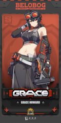Rule 34 | 1girl, bare shoulders, belt, black hair, breasts, commentary, crop top, english commentary, feet out of frame, fingerless gloves, gloves, goggles, goggles on head, grace howard, gun, highres, holding, holding gun, holding weapon, large breasts, long hair, looking at viewer, navel, official art, pants, red eyes, smile, solo, tagme, weapon, zenless zone zero