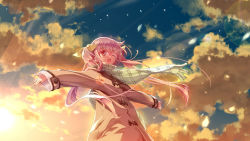 Rule 34 | 1girl, ashishun, cloud, glasses, hair ribbon, lens flare, one eye closed, open mouth, original, outstretched arms, petals, pink eyes, purple hair, red-framed eyewear, ribbon, scarf, sky, solo, spread arms, sunset, twintails, wink