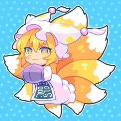 Rule 34 | 1girl, animal ears, blonde hair, blue background, blush stickers, chibi, closed mouth, commentary request, dress, eyelashes, flying, fox ears, fox tail, hair between eyes, hands up, hat, highres, long sleeves, looking at viewer, mob cap, multiple tails, ofuda, ofuda on clothes, own hands together, pmx, polka dot, polka dot background, short hair, smile, solo, tabard, tail, touhou, v-shaped eyebrows, white dress, white hat, wide sleeves, yakumo ran, yellow eyes