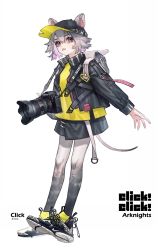 Rule 34 | 1girl, ange-yi, animal ears, arknights, backpack, bag, baseball cap, black footwear, black hat, black jacket, blue eyes, camera, character name, click (arknights), copyright name, full body, grey hair, hair between eyes, hat, highres, holding, holding camera, jacket, long sleeves, mouse ears, mouse girl, mouse tail, open mouth, shirt, shoes, short hair, simple background, solo, standing, tail, white background, yellow shirt