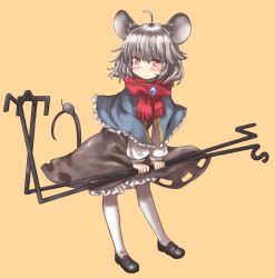 Rule 34 | 1girl, ahoge, animal, animal ears, black footwear, black skirt, bloomers, blue capelet, blush, brown background, capelet, closed mouth, commentary request, dowsing rod, frilled capelet, frills, fringe trim, full body, grey hair, hair between eyes, highres, holding, jewelry, loafers, long sleeves, looking at viewer, mouse (animal), mouse ears, mouse girl, mouse tail, naegi (naegidokoro), nazrin, pantyhose, pendant, puffy long sleeves, puffy sleeves, red eyes, red scarf, scarf, shirt, shoes, simple background, skirt, solo, standing, tail, touhou, underwear, v-shaped eyebrows, wavy mouth, white bloomers, white pantyhose, white shirt