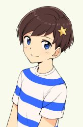 Rule 34 | 1boy, blue eyes, brown hair, closed mouth, grey background, hair ornament, looking at viewer, male focus, original, pas (paxiti), shirt, short sleeves, simple background, smile, solo, star (symbol), star hair ornament, striped clothes, striped shirt, upper body