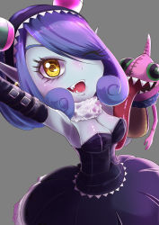 Rule 34 | 1girl, appmon, blue hair, demon girl, digimon, digimon universe: appli monsters, dress, fangs, highres, looking at viewer, mienumon, open mouth, pointy ears, puppet, sharp teeth, teeth, yellow eyes
