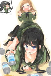Rule 34 | 10s, 2girls, :o, = =, alcohol, beer, beer can, black hair, black socks, blue eyes, blush, breasts, brown hair, can, chibi, chibi inset, closed eyes, clothes pull, collarbone, downblouse, drink can, drooling, drunk, flask, green shirt, green skirt, hair down, highres, kantai collection, kitakami (kancolle), kneehighs, light brown hair, long hair, long sleeves, looking at viewer, medium breasts, miniskirt, multiple girls, nagisa (imizogami), neckerchief, no shoes, ooi (kancolle), open mouth, pleated skirt, saliva, school uniform, serafuku, shirt, shirt pull, sitting, sitting on person, skirt, socks, thighs, tongue, tongue out, top-down bottom-up