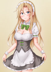 Rule 34 | 1girl, alternate costume, anti (untea9), apron, black dress, blonde hair, blush, breasts, cowboy shot, dress, embarrassed, enmaided, frilled apron, frilled dress, frills, gradient background, grey eyes, highres, hornet (kancolle), kantai collection, long hair, looking at viewer, maid, maid apron, maid headdress, medium breasts, puffy short sleeves, puffy sleeves, short sleeves, solo, twitter username, waist apron, white apron, wrist cuffs