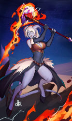 Rule 34 | 1girl, absurdres, black choker, black gloves, black leotard, blue skin, blue sky, breasts, chest jewel, choker, cleavage, colored skin, commission, distr, draenei, fingerless gloves, fire, gloves, highres, holding, holding weapon, hooves, horns, leotard, medium breasts, night, night sky, open mouth, partially fingerless gloves, pointy ears, signature, sky, solo, star (sky), starry sky, tail, two-handed, waist cape, warcraft, weapon, white eyes, white hair, world of warcraft