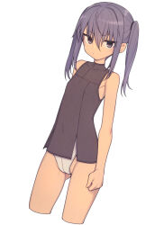Rule 34 | 1girl, arms at sides, bare shoulders, closed mouth, commentary, cropped legs, dot mouth, dot nose, dutch angle, everyntrge, gluteal fold, grey shirt, hair between eyes, highres, looking at viewer, medium hair, one-piece swimsuit, original, purple eyes, purple hair, shirt, sidelocks, simple background, sleeveless, sleeveless shirt, solo, swimsuit, swimsuit under clothes, twintails, white background, white one-piece swimsuit