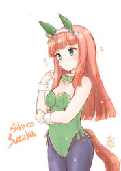 Rule 34 | animal ears, artist name, black pantyhose, blunt bangs, bow, bowtie, breasts, character name, cleavage, dated, detached collar, ear covers, fake animal ears, flying sweatdrops, green bow, green bowtie, green eyes, green leotard, horse ears, horse tail, koshigaya tatsumi, leotard, long hair, nontraditional playboy bunny, orange hair, pantyhose, silence suzuka (umamusume), simple background, small breasts, strapless, strapless leotard, tail, umamusume, white background, wrist cuffs