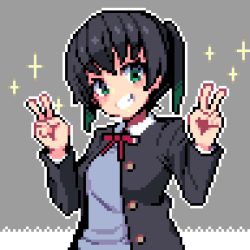 Rule 34 | 1girl, black hair, black jacket, blazer, bow, bowtie, breasts, buttons, commentary request, double v, gradient hair, green eyes, grey background, grey vest, grin, hands up, jacket, long sleeves, looking at viewer, love live!, love live! nijigasaki high school idol club, multicolored hair, nijigasaki school uniform, o 12 9, pixel art, red bow, red bowtie, school uniform, shirt, small breasts, smile, solo, sparkle, takasaki yu, twintails, upper body, v, vest, white shirt, wing collar