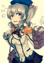 Rule 34 | 10s, 1girl, absurdres, bad id, bad pixiv id, beret, breasts, buttons, depth charge, epaulettes, frilled sleeves, frills, gloves, hat, highres, jacket, kantai collection, kashima (kancolle), kerchief, military, military uniform, miniskirt, open mouth, pleated skirt, purple eyes, ranf, red ribbon, ribbon, silver hair, skirt, smile, solo, twintails, uniform, wavy hair, white gloves