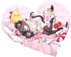 Rule 34 | 1girl, :d, animal ears, animal hands, apron, arm up, armpits, azur lane, bare shoulders, black thighhighs, blush, bow, breasts, brown hair, byulzzi, cat ears, cat girl, cat paws, cat tail, chocolate, chocolate on ass, chocolate on body, chocolate on legs, cleavage, fang, fish hair ornament, food on body, gloves, groin, hair ornament, hands up, heart, heart-shaped pillow, heart print, highres, indoors, large breasts, legs folded, long hair, looking at viewer, lying, manjuu (azur lane), naked apron, non-web source, official alternate costume, official art, on bed, on side, open mouth, pamiat merkuria (azur lane), pamiat merkuria (mercurial chocolate love) (azur lane), paw gloves, pillow, pink bow, pink eyes, skindentation, smile, solo, stuffed toy, tail, tail bow, tail ornament, thighhighs, toy hammer, transparent background, very long hair, white apron, yes, yes-no pillow