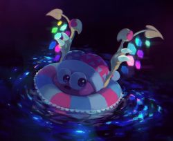 Rule 34 | blush stickers, claws, dark background, floating, glowing, hat, heart, highres, innertube, jester cap, kirby (series), marx (kirby), nintendo, no humans, open mouth, purple eyes, scales, sideways glance, solo, suyasuyabi, swim ring, wings