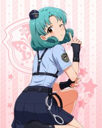 1girl belt black_belt black_gloves blue_hat blue_shirt blue_skirt blush breasts chest_harness concept_police_(idolmaster) cuffs curly_hair dot_nose emblem fingerless_gloves forehead from_behind garrison_cap garter_straps gloves green_hair handcuffs harness hat idolmaster idolmaster_million_live! idolmaster_million_live!_theater_days looking_back medium_breasts mini_hat o-ring o-ring_harness official_alternate_costume official_art on_one_knee one_eye_closed orange_eyes parted_bangs parted_lips pleated_skirt pointing pointing_up police police_badge police_uniform policewoman shirt short_hair short_sleeves skirt solo thigh_strap tilted_headwear tokugawa_matsuri