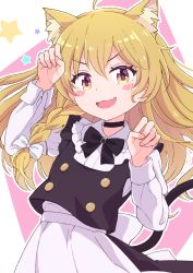 Rule 34 | 1girl, :3, ahoge, animal ear fluff, animal ears, apron, arms up, back bow, black bow, black bowtie, black choker, black vest, blonde hair, blush, blush stickers, bow, bowtie, braid, buttons, cat ears, choker, double-breasted, fang, fingernails, frilled shirt collar, frills, hair ribbon, haruki reimari, kemonomimi mode, kirisame marisa, long hair, long sleeves, looking at viewer, no headwear, open mouth, paw pose, puffy sleeves, ribbon, sash, shirt, single braid, skin fang, solo, standing, touhou, tress ribbon, v-shaped eyebrows, vest, waist apron, white apron, white ribbon, white sash, white shirt, yellow eyes
