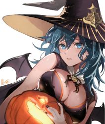 Rule 34 | 1girl, bare shoulders, blue eyes, blue hair, breast press, breast rest, breasts, byleth (female) (fire emblem), byleth (fire emblem), cleavage, fire emblem, fire emblem: three houses, halloween, halloween costume, hat, jack-o&#039;-lantern, large breasts, looking at viewer, medium hair, nijihayashi, nintendo, open mouth, parted lips, pumpkin, solo, witch hat
