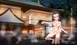 Rule 34 | 1girl, barefoot, bath, black hair, blush, breasts, cleavage, freckles, fundoshi, glasses, green eyes, highres, japanese clothes, kasumi (megadeko), large breasts, looking at viewer, megadeko, navel, nipples, onsen, open mouth, original, outdoors, ryokan, scenery, see-through, shiny skin, short hair, sky, smile, solo, star (sky), starry sky, vameltoe, wet, wet clothes