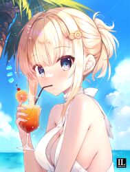 Rule 34 | 1girl, bare arms, bare shoulders, bendy straw, blonde hair, blue eyes, blue sky, blush, breasts, cleavage, closed mouth, cloud, commentary request, cup, day, drink, drinking straw, flower, hair flower, hair ornament, hairclip, hand up, highres, holding, holding cup, horizon, looking at viewer, medium breasts, mitha, ocean, one-piece swimsuit, original, outdoors, palm tree, ponytail, sidelocks, sky, solo, swimsuit, tree, water, white one-piece swimsuit, yellow flower