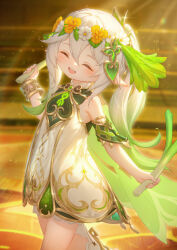 Rule 34 | 1girl, absurdres, armlet, closed eyes, day, dress, food, genshin impact, green hair, hair between eyes, head wreath, highres, holding, holding food, holding spring onion, holding vegetable, indoors, lolittleboy, long hair, multicolored hair, nahida (genshin impact), open mouth, ponytail, sleeveless, smile, solo, spring onion, teeth, tongue, upper teeth only, vegetable, walking, white dress, white hair