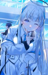 Rule 34 | 2girls, black shirt, blue archive, blue necktie, blunt bangs, blush, closed mouth, collared shirt, finger to own chin, grey hair, halo, highres, id card, jacket, kuziaaizuk, long hair, looking at viewer, multiple girls, necktie, noa (blue archive), off shoulder, one eye closed, open clothes, open jacket, pleated skirt, purple eyes, shirt, sidelocks, skirt, smile, solo focus, two-sided fabric, two-sided jacket, very long hair, white shirt, white skirt, yuuka (blue archive)