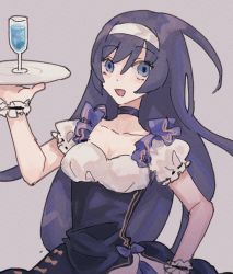 Rule 34 | 1girl, ahoge, alternate costume, apron, blue eyes, blue hair, breasts, dress, frilled sleeves, frills, hairband, happy, highres, holding, holding tray, huge ahoge, long hair, maid, maid apron, medium breasts, nazo smile, open mouth, orie ballardiae harada, smile, solo, tray, under night in-birth, upper body, very long hair, white hairband