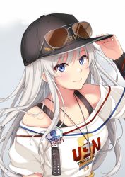 Rule 34 | 1girl, adjusting clothes, adjusting headwear, alternate costume, andrew (fanlp3), azur lane, black hat, blue eyes, character name, enterprise (anniversary ride) (azur lane), enterprise (azur lane), eyewear on headwear, hat, jewelry, long hair, looking at viewer, necklace, shirt, silver hair, smile, solo, sunglasses, upper body, very long hair, white shirt