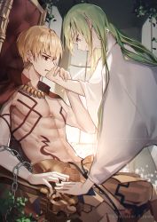 Rule 34 | 1boy, 1other, a maru, androgynous, artist name, bad id, bad pixiv id, blonde hair, chain, earrings, enkidu (fate), fate/grand order, fate (series), gilgamesh (fate), green eyes, green hair, highres, jewelry, long hair, male focus, necklace, red eyes, robe, smile, solo, tattoo, tears, topless male