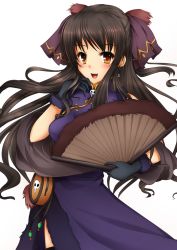 Rule 34 | 1girl, bad id, bad pixiv id, bag, bow, breasts, brown hair, china dress, chinese clothes, dress, earrings, female focus, folding fan, gloves, goushou, hair bow, hand fan, jewelry, long hair, original, simple background, skull, solo, white background