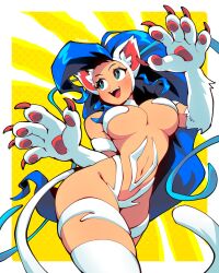 Rule 34 | 1girl, 333 (dqqqdle), animal ear fluff, animal ears, armpits, arms up, blue eyes, blue hair, breasts, capcom, cat ears, cat girl, cat tail, claws, cleavage, cowboy shot, curvy, fangs, felicia (vampire), green eyes, highres, large breasts, legs, long hair, navel, ooking at viewer, open mouth, pink lips, smile, solo, tail, thick thighs, thighhighs, thighs, vampire (game), white fur, white thighhighs