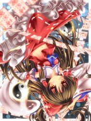 Rule 34 | 1girl, :&gt;, armpits, ascot, bandages, bare shoulders, between fingers, blurry, blush, border, bow, brown hair, closed mouth, collar, colored eyelashes, depth of field, frilled collar, frilled skirt, frills, glint, gohei, hair bow, hair tubes, hakurei reimu, highres, holding, long hair, midriff, navel, ofuda, orange eyes, red bow, red skirt, red vest, ribbon-trimmed skirt, ribbon trim, sarashi, sidelocks, skirt, smile, solo, spell card, tareme, touhou, unory, very long hair, vest, wide sleeves, yin yang