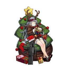 Rule 34 | 1girl, ahoge, animal costume, antlers, assault rifle, bean bag chair, bell, black footwear, blush stickers, box, brown eyes, brown jacket, brown shorts, bullpup, caseless firearm, christmas, christmas star, christmas stocking, christmas tree, colored shoe soles, expressionless, fake antlers, full body, fur-trimmed footwear, fur-trimmed jacket, fur-trimmed shorts, fur-trimmed sleeves, fur trim, g11 (girls&#039; frontline), g11 (schoenstes geschenk) (girls&#039; frontline), gift, gift box, girls&#039; frontline, grey hair, gun, h&amp;k g11, hair between eyes, half-closed eyes, hat, headband, high-capacity magazine, holding, holding box, holding gift, horizontal magazine, horns, infukun, jacket, jingle bell, long hair, no socks, official alternate costume, official art, prototype design, red headband, reindeer antlers, reindeer costume, rifle, santa hat, scarf, shoes, shorts, simple background, sitting, solo, transparent background, very long hair, weapon, white scarf
