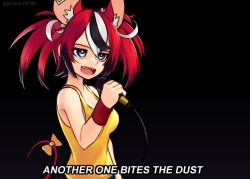 Rule 34 | 1girl, :d, animal ears, black background, blue eyes, bow, breasts, cleavage, english text, hakos baelz, holding, holding microphone, hololive, hololive english, jitome, medium breasts, microphone, mouse ears, mouse tail, multicolored hair, open mouth, queen (band), red hair, sharp teeth, shirt, simple background, smile, solo, streaked hair, tail, tail bow, tail ornament, teeth, twintails, twitter username, upper body, upper teeth only, virtual youtuber, yellow bow, yellow shirt, yoako