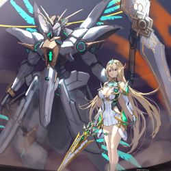 Rule 34 | 1girl, bare legs, bare shoulders, blonde hair, breasts, chest jewel, cleavage, cleavage cutout, clothing cutout, dress, earrings, elbow gloves, gloves, highres, jewelry, large breasts, long hair, mythra (xenoblade), short dress, siren (xenoblade), solo, swept bangs, thigh strap, tiara, user rzfk3752, very long hair, white dress, white footwear, white gloves, xenoblade chronicles (series), xenoblade chronicles 2, yellow eyes