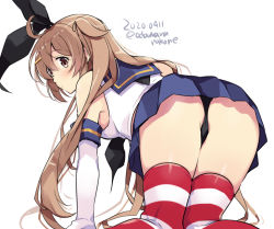 Rule 34 | 1girl, black neckerchief, black panties, blue skirt, brown eyes, cosplay, dated, elbow gloves, from behind, gloves, hair flaps, hair ornament, hairclip, kantai collection, light brown hair, long hair, looking back, miniskirt, murasame (kancolle), neckerchief, odawara hakone, panties, pleated skirt, school uniform, serafuku, shimakaze (kancolle), shimakaze (kancolle) (cosplay), simple background, skirt, sleeveless, solo, striped clothes, striped thighhighs, thighhighs, twintails, twitter username, underwear, white background, white gloves
