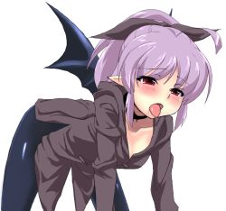 Rule 34 | 1girl, all fours, bat wings, blush, choker, grune, haruyuki, open mouth, pantyhose, purple hair, red eyes, ribbon, saliva, simple background, solo, tongue, tongue out, wings