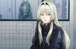 Rule 34 | 2girls, ak-12 (girls&#039; frontline), an-94 (girls&#039; frontline), aqua eyes, asawa (dm owr), assault rifle, commentary request, girls&#039; frontline, gun, hairband, head out of frame, highres, indoors, jacket, long hair, looking at viewer, mask, mirror, multiple girls, open mouth, platinum blonde hair, pouch, reflection, rifle, sidelocks, silver hair, tactical clothes, weapon