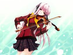 Rule 34 | 1girl, alpeggio, aqua background, black ribbon, bow, bowtie, breasts, brown eyes, brown skirt, game cg, hair ribbon, hirose aya, instrument, jacket, large breasts, long hair, long sleeves, music, pink hair, plaid, plaid skirt, playing instrument, red jacket, ribbon, school uniform, skirt, solo, twintails, violin, water, yellow bow, yellow bowtie